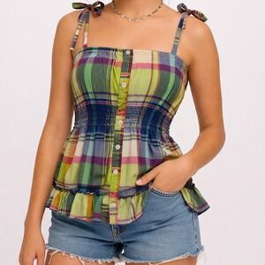 Lemon Kiss Plaid Babydoll Too Size M Multicolor Smocked Tie Strap Cami Coquette
